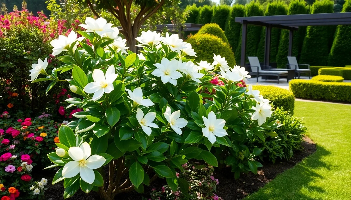 a beautiful garden with blooming gardenias and modern outdoor furniture.